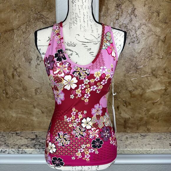 Johnny Was Tops - NWT Johnny Was Yama Bee Active Mesh Tank Size XS Pink Maroon Floral Athletic NEW